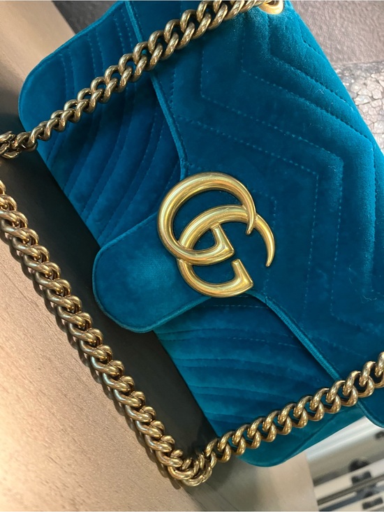 Gucci Handbags - Gucci Teal Velvet Shoulder Bag with Gold Double G Chain